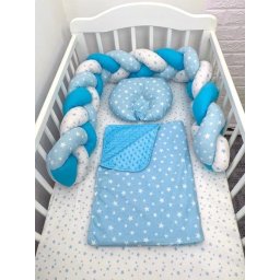 Lenjerie de pat 120x60 cm cu aparatoare impletita 180 cm mix stelute albastru