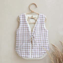 Vesta pentru copii, reversibila, dublat, muselina carouri bej si tesatura bucle crem, teddy by babyly, 92 98, 1-3 ani