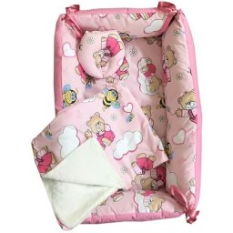 Reductor bebe bed nest cu paturica si pernuta antiplagiocefalie deseda ursi cu albine pe roz