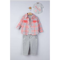 Set 3 piese: blugi, tricou si camasa in carouri pentru bebelusi, tongs baby (culoare: gri, marime: 24-36 luni)