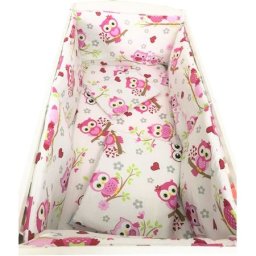 Lenjerie de pat bebelusi 120x60 cm cu aparatori laterale pufoase deseda bufnite roz