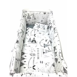 Lenjerie de pat bebelusi cu aparatori laterale pufoase deseda corturi de indian gri pat 120x60 cm