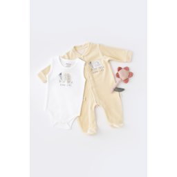 Set broscuta cu salopeta si body din 80%bumbac organic si 20% poliester - crem, baby cosy (marime: 6-9 luni)