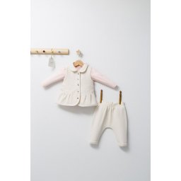 Set 3 piese: pantaloni, bluzita si vestuta eleganta pentru bebelusi paris love, tongs baby (culoare: ecru, marime: 6-9 luni)