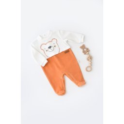 Salopeta ursulet cu maneca lunga si botosei din 80%bumbac organic si 20% poliester - portocaliu, baby cosy (marime: 3-6 luni)
