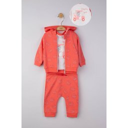 Set 3 piese: pantaloni, tricou si hanorac pentru bebelusi, tongs baby (marime: 9-12 luni, culoare: corai)