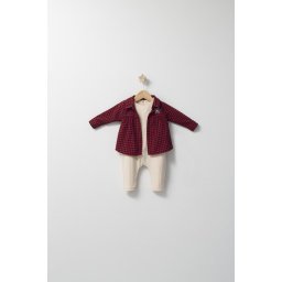 Set cu salopeta si camasuta in carouri pentru bebelusi ballon, tongs baby (culoare: rosu, marime: 3-6 luni)