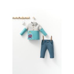 Set cu blugi si bluzita cu guleras pentru bebelusi monster, tongs baby (marime: 12-18 luni, culoare: turcoaz)