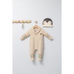 Salopeta pentru bebelusi cu botosei si caciulita penguins, tongs baby (culoare: bej, marime: 3-6 luni)