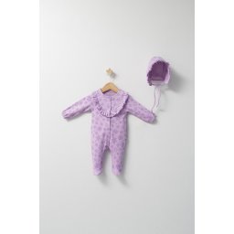 Set salopeta cu caciulita cu volanas pentru bebelusi ballon, tongs baby (culoare: mov, marime: 0-3 luni)