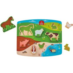 Puzzle, hape, cu 9 piese din lemn, ferma animalelor, pentru dezvoltarea dexteritatii si a coordonarii mana ochi, pentru copiii peste un an