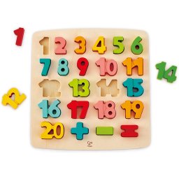 Puzzle, hape, cu 24 piese din lemn, numere multicolore, pentru dezvoltarea dexteritatii si a coordonarii mana ochi, pentru copiii peste un an