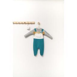 Set salopeta cu bluzita ursulet pentru bebelusi, tongs baby (culoare: verde, marime: 6-9 luni)