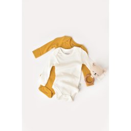 Set 2 body-uri cu maneca lunga bebe unisex din bumbac organic si modal - mustar/ecru, baby cosy (marime: 9-12 luni)