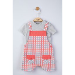 Set salopeta cu tricou in carouri pentru bebelusi, tongs baby (culoare: gri, marime: 3-6 luni)