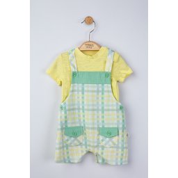 Set salopeta cu tricou in carouri pentru bebelusi, tongs baby (culoare: galben, marime: 9-12 luni)