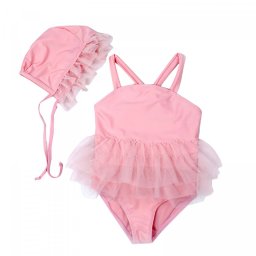 Costum de baie roz cu caciulita (varsta: 4 - 5 ani)