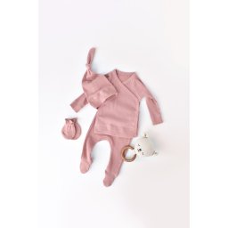 Set 4 piese: bluza, pantaloni, caciulita si manusi din bumbac organic si modal - rose, baby cosy (marime: 6-9 luni)