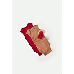 Set 2 body-uri fara maneci bebe unisex din bumbac organic si modal - maro/rosu, baby cosy (marime: 9-12 luni)