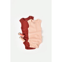 Set 2 body-uri fara maneci bebe unisex din bumbac organic si modal - caramiziu/somon, baby cosy (marime: 3-6 luni)