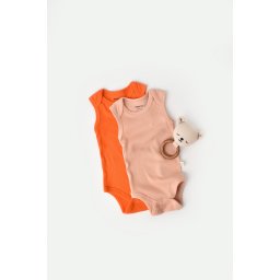 Set 2 body-uri fara maneci bebe unisex din bumbac organic si modal - rodie/piersica, baby cosy (marime: 18-24 luni)