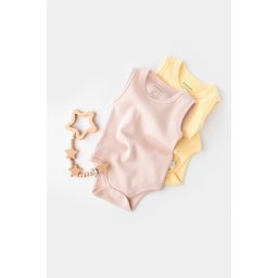 Set 2 body-uri fara maneci bebe unisex -100% bumbac organic - galben/roz, baby cosy (marime: 9-12 luni)
