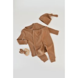 Set 3 piese: bluzita cu maneca lunga, panataloni lungi si caciulita din bumbac organic si modal - maro, baby cosy (marime: 18-24 luni)