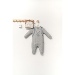 Set salopeta cu caciulita cu urechiuse pentru bebelusi ursulet, tongs baby (culoare: gri, marime: 6-9 luni)