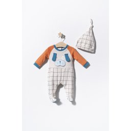 Set salopeta cu caciulita pentru bebelusi dogs, tongs baby (culoare: bej, marime: 0-3 luni)