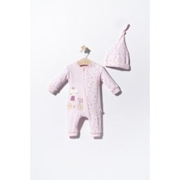 Salopeta cu bulinute cu caciulita pentru bebelusi cats, tongs baby (culoare: roz, marime: 6-9 luni)