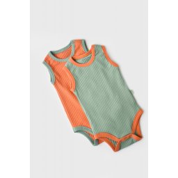 Set 2 body-uri fara maneci ribana bebe unisex din bumbac organic si 5%elastan - portocaliu/verde (marime: 12-18 luni)