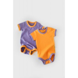 Set 2 body-uri ribana bebe unisex din bumbac organic si 5%elastan - galben/mov (marime: 3-6 luni)