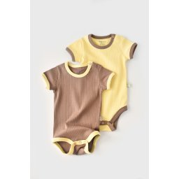 Set 2 body-uri ribana bebe unisex din bumbac organic si 5%elastan - vanilie/maro (marime: 3-6 luni)