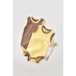 Set 2 body-uri fara maneci ribana bebe unisex din bumbac organic si 5%elastan - vanilie/maro (marime: 9-12 luni)