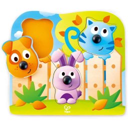Puzzle, hape, cu 4 piese din lemn, animale cu nas mare, pentru dezvoltarea dexteritatii si a coordonarii mana ochi, pentru copiii peste un an