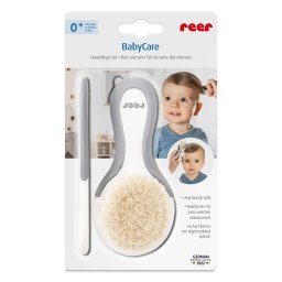 Set perie si pieptene ingrijire bebelusi, cu par natural de capra, alb cu gri, babycare hair, reer 81070