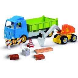 Basculanta de jucarie Millenium 49.3 cm cu utilaj de constructii si accesorii drum in lucru incluse