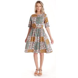 Rochie Medie Dama V275, Imprimeu Combinat Crem, Mustar si Verde