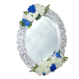 Oglinda miresei, forma ovala in stil victorian, lucrata cu flori de matase, model alb-albastru - ALIF405012