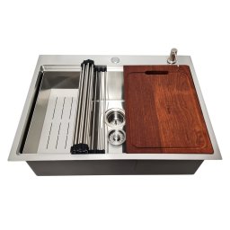 SET: Chiuveta inox HERA TOP cu dozator detergent, tavita scurgere inox, gratar rulabil inox, tocator lemn Sapele + accesorii montaj