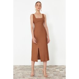 Trendyol Brown A-Line Square Neck Slit Strap Midi Woven Dress
