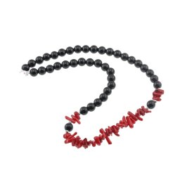 Colier Obsidian negru sfere 8mm si Coral rosu freeform 6-15mm cu elemente argintii