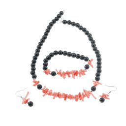 Set colier, cercei si bratara Obsidian negru sfere 8mm si Coral roz freeform 6-15mm cu elemente argintii