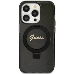 Husa Guess Ring Stand Script Glitter MagSafe case for iPhone 12/12 Pro - black