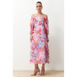 Trendyol Pink Floral Patterned A-Line Madonna Collar Chiffon Lined Maxi Woven Dress