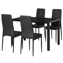 Masa pentru sufragerie/bucatarie + 4 scaune, metal, piele PU, blat sticla, negru, 120x70x75 cm