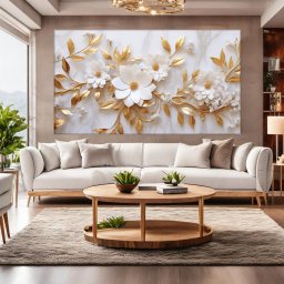 Tablou Canvas Flori Elegante Albe cu Frunze Aurii ILM64 (Dimensiune LxH: 140x80cm)