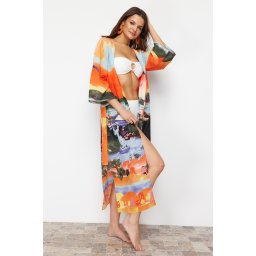 Trendyol Landscape Patterned Belted Maxi Woven Beach Kimono&Caftan