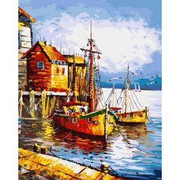 Set pictura pe numere, cu sasiu, Port pescaresc, 40x50 cm