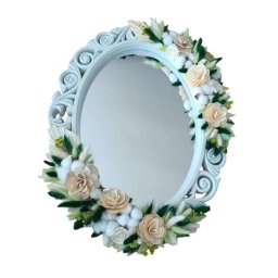 Oglinda miresei, forma ovala in stil victorian, lucrata cu flori uscate, model alb-verde - FEIS406010